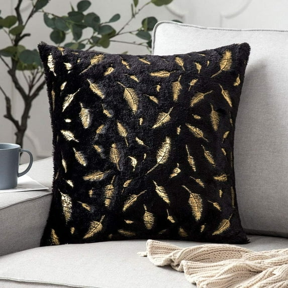 Nvzi Faux Fur Throw Pillows Cover with Gold Leaves Super Soft Plush Square (Black, 18"x18")