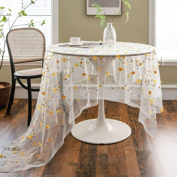 XmhyTop-A Floral Embroidery Lace Tablecloth Embroidered Lace Table Cover Overlay for Party Wedding Kitchen Dining Home Decorations (Yellow, 59"x102")
