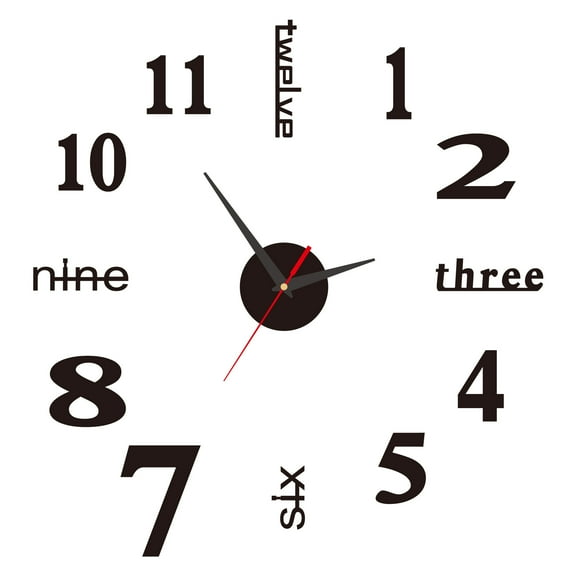 Nvzi Frameless DIY Wall Clock, Mute Round Shape Quartz Wall Clock Sticker Home Decorative Clock Wall Clocks,Black