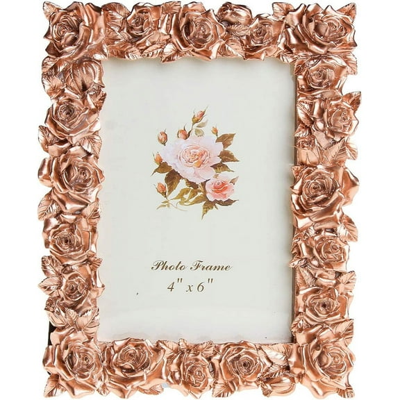 Nvzi Garden Style Resin Picture Frame Rose Flower Decorative with High Definition Plexi Glass sheet for Table Top Desk Photo Display, Rose Gold Color, 4x6 inch