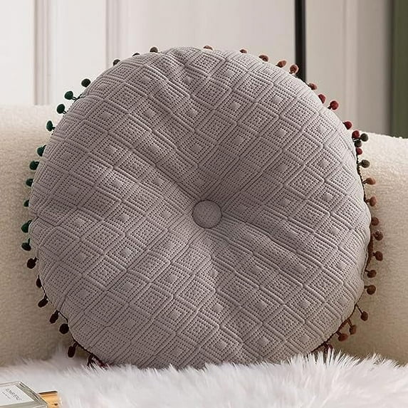 Nvzi Geometric Pattern Soft Round Chair Pad with Gradient Pom Pom Chair Cushion Garden Patio Home Kitchen Office Seat Cushion (Gray,Diameter 16")