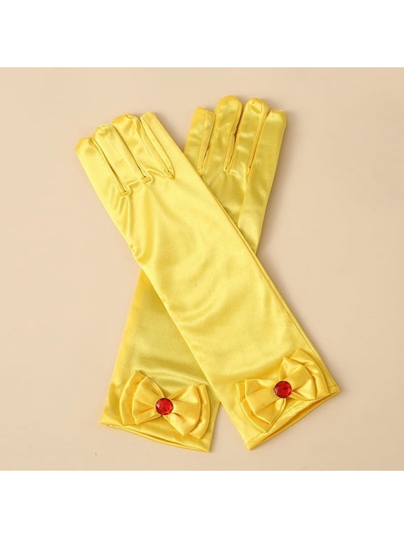 Princess Gloves, White Long Satin Princess Dress Up Diamonds Bows Gloves for Birthday,Wedding, Costume Party,Yellow