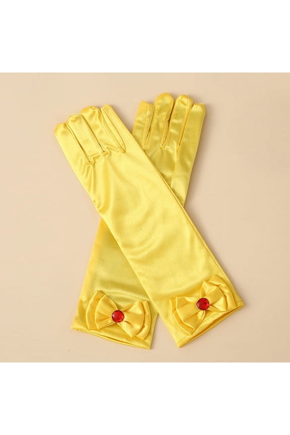 Princess Gloves, White Long Satin Princess Dress Up Diamonds Bows Gloves for Birthday,Wedding, Costume Party,Yellow