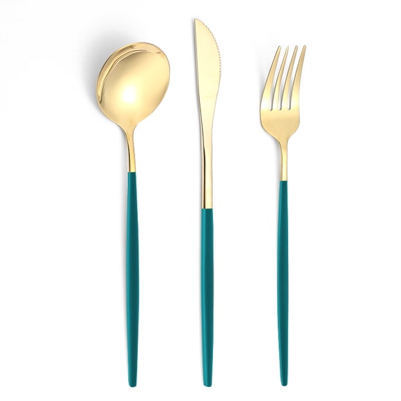 Nvzi Gold & Green stainless steel tableware -3-piece set of elegant tableware, household kitchen silverware, dishwasher safety, perfect holiday dinner silverware and wedding banquet tableware