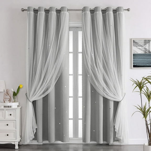 Nvzi Gray double-layer curtains -2 pieces, 52 63 inches, star and moon pattern hollow blackout curtains, with blackout lining and decorative layer, energy-saving and comfortable