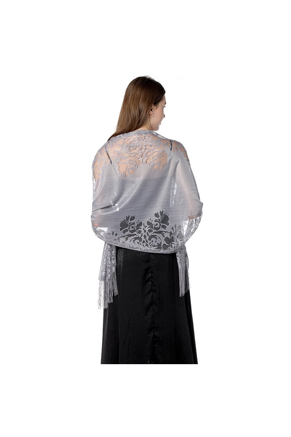 Gray transparent ribbon tassel lace scarf -1 piece, 24.8 x 72.8 inches floral lace pattern, suitable for wedding parties, evening dresses, beach covers