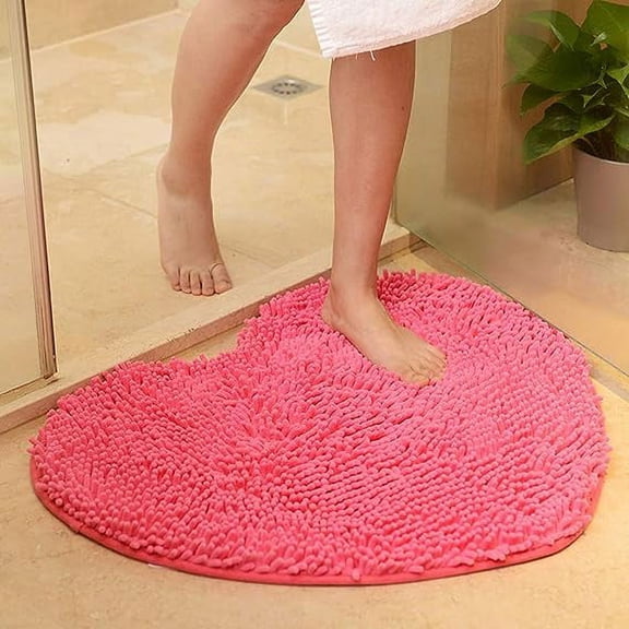 Nvzi Heart Shaped Chenille Bath Rugs Extra Soft and Absorbent Shaggy Rugs Non-Slip Washable Plush Carpet for Tub Bathroom Shower Mat Rose 20"x24"