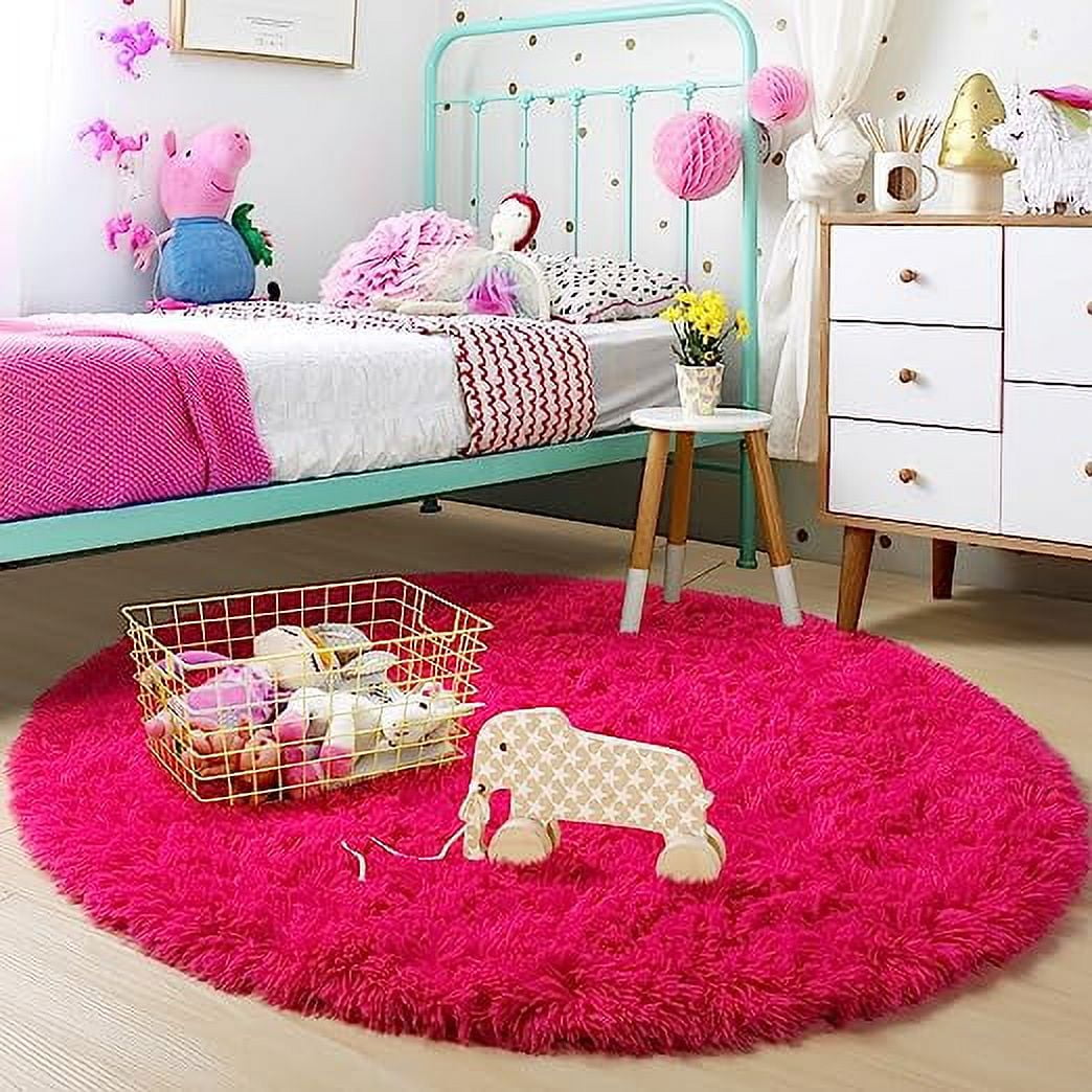 Nvzi Hot Pink Round Rug for Bedroom,Fluffy Circle Rug 2'X2' for Kids