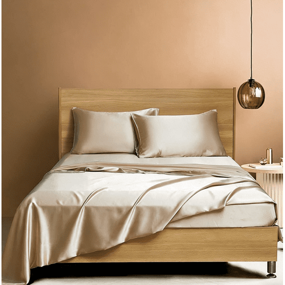 Nvzi Khaki Bedding 4-piece Set Queen Size (60 x 80+14 inches), silk textured satin smooth hair friendly bed sheet, machine washable, includes 2 pillowcases, 1 bedsheet, and 1 bedsheet