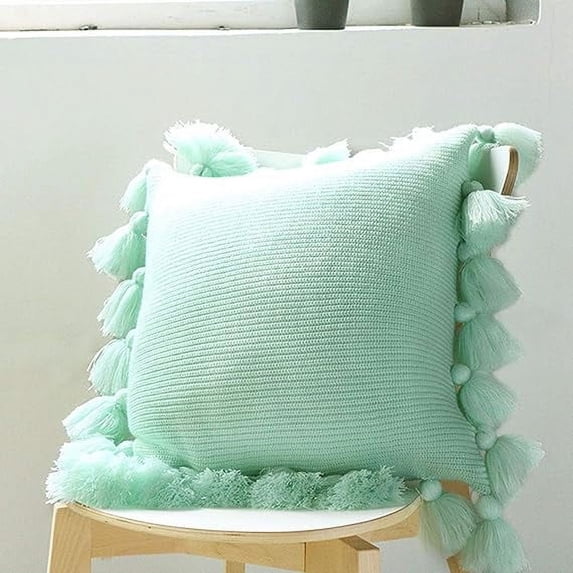 Nvzi Knitted Pillow Covers with Pompoms Tassels Boho Farmhouse Striped Cable Knit Throw Pillow Cases Decorative Pillow Cushion Cover for Home Sofa Couch Bed 18 x 18 inches Mint Green