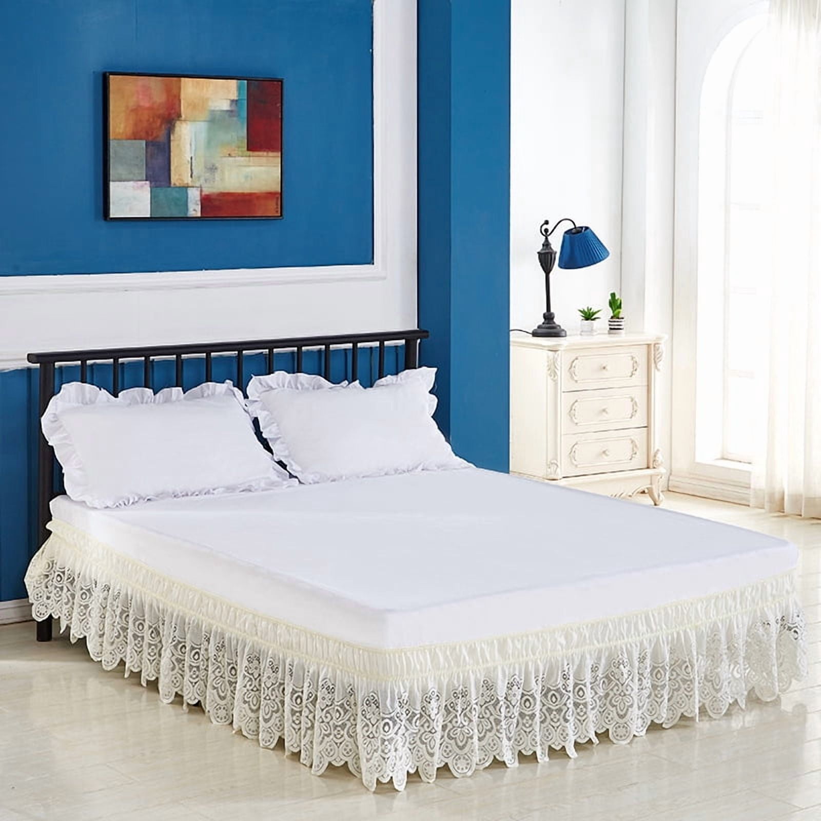 Nvzi Lace Bed Skirt - Wrap around Retro Bed Skirt with Breathable Lace Fabric Elastic Ruffle Bed Skirt, 1 piece of Beige Lace Dustproof Ruffle Bed Skirt, Queen 59×78×15in