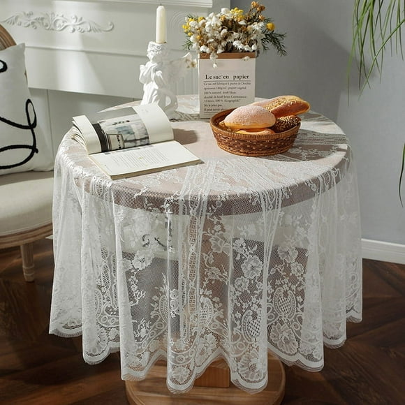 XmhyTop-A Lace Elegant Round Tablecloth Vintage Embroidered Lace Overlay for Party Wedding Kitchen Dining Home Decorations (White, Diameter 75")