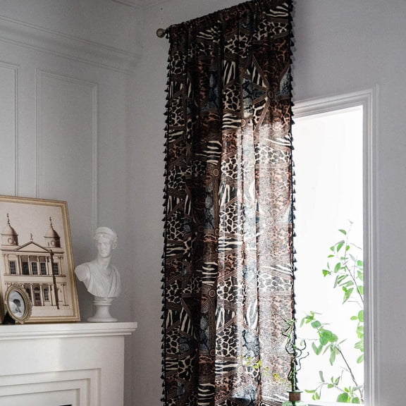 Nvzi Leopard Print Cotton Linen Window Curtain with Tassels Vinatge Triangle Pattern Room Darkening Window Drapes for Living Room Bedroom, 1 Panel (Leopard,59"x94")