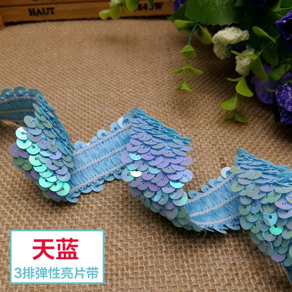 Nvzi Light Blue Elastic Sequin Ribbon -1 Roll, 1.18in * 10.94yd, Polyester Sequin With Elastic Backing, Suitable For Dance Costume Decoration, DIY Elastic Headband And Festival Decoration