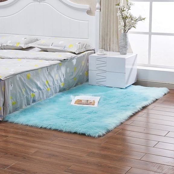 Nvzi Light Blue faux fur carpet 23.62 x 35.43 inches, washable ultra soft plush carpet, modern fluffy non slip decorative carpet, suitable for living room and bedroom decoration, 1 piece
