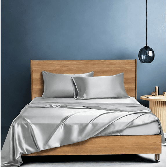 Nvzi Light Gray Bedding 4-piece Set King Size (78 80+14 inches), silk textured satin smooth hair friendly bed sheet, machine washable, includes 2 pillowcases, 1 bedsheet, and 1 bedsheet