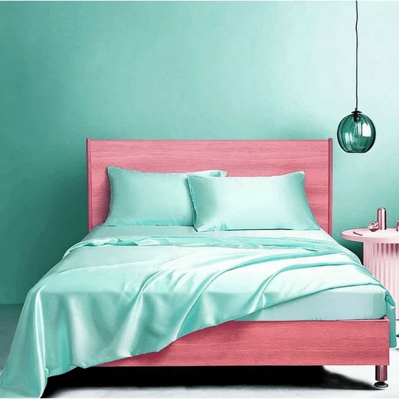 Nvzi Light Green Bedding 4-piece Set Queen Size (60 x 80+14 inches), silk textured satin smooth hair friendly bed sheet, machine washable, includes 2 pillowcases, 1 bedsheet, and 1 bedsheet