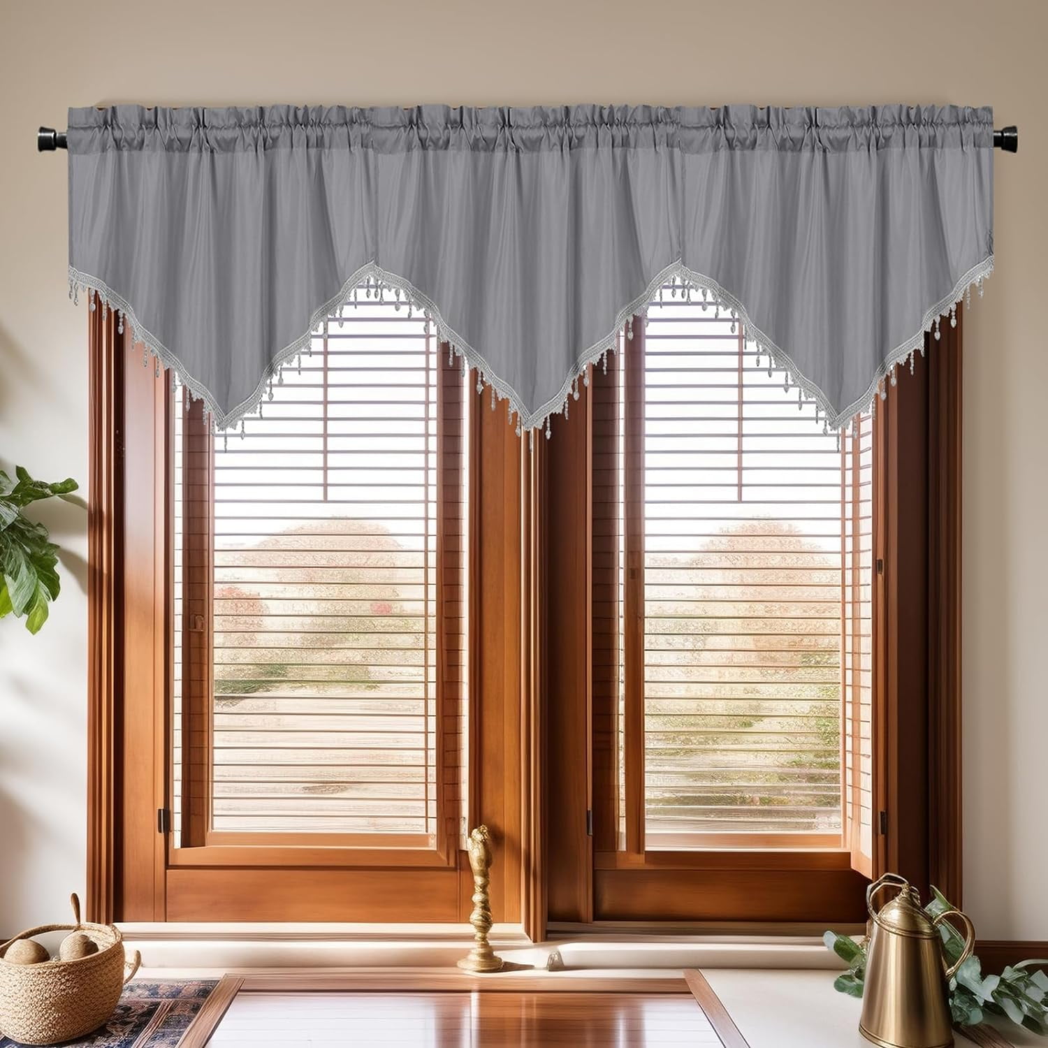 Nvzi Luxury Beaded Triangle Curtain Valances 3 Panels for Living Room Bathroom Cafe Laundry Basement Rod Pocket Half Blackout Short Window Valance Curtains (Grey,51"x23")