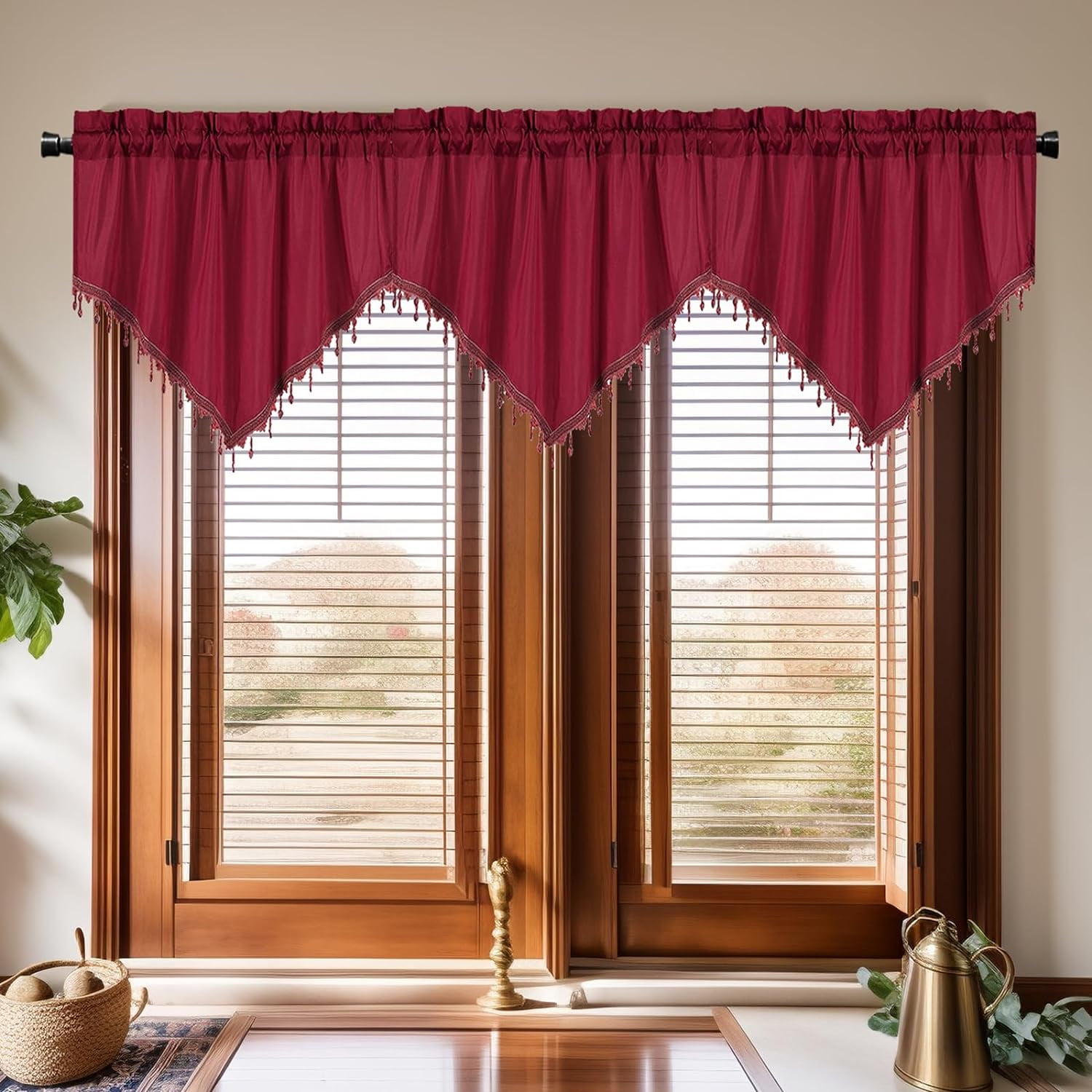 Nvzi Luxury Beaded Triangle Curtain Valances 3 Panels for Living Room Bathroom Cafe Laundry Basement Rod Pocket Half Blackout Short Window Valance Curtains (Red,51"x23")