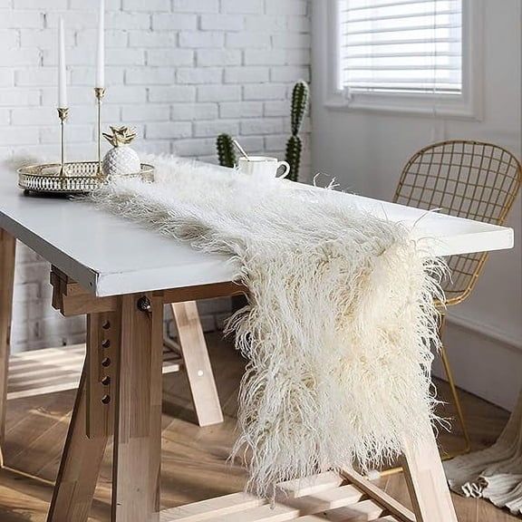 Nvzi Luxury Faux Fur Table Runner Modern Ultra Soft Long Plush Shaggy Table Runners for Home Kitchen Party Wedding (Beige, 12"x118")