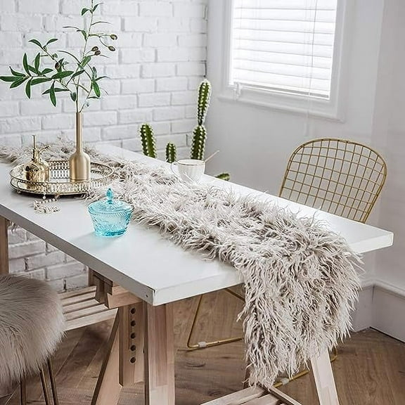 Nvzi Luxury Faux Fur Table Runner Modern Ultra Soft Long Plush Shaggy Table Runners for Home Kitchen Party Wedding (Coffee, 12"x102")