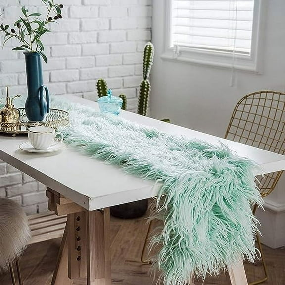 Nvzi Luxury Faux Fur Table Runner Modern Ultra Soft Long Plush Shaggy Table Runners for Home Kitchen Party Wedding ( Light Blue, 12"x102")