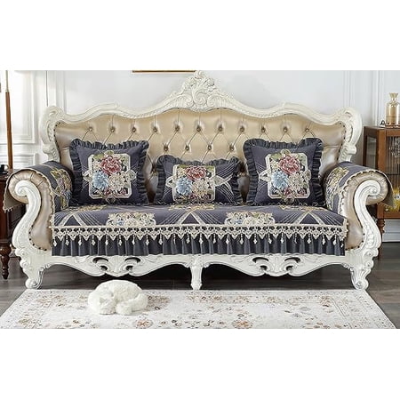 XmhyTop-A Luxury Floral Jacquard Sofa Cover with Ruffled Super Soft Chenille Couch Cover Non-Slip All Season Sofa Slipcover for Dogs, Children, Pets Furniture Protector (Grey,36"x70")