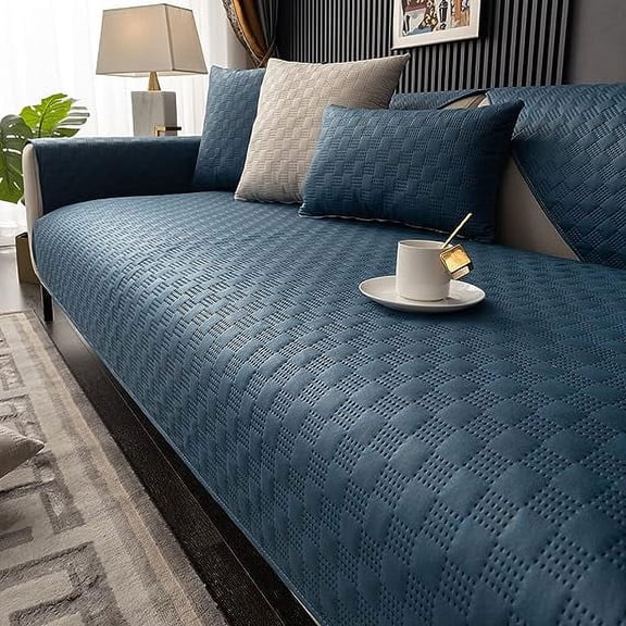 Nvzi Luxury Water Resistant Quilted Sofa Cover Faux Suede Plaid Sectional Couch Cover Anti-Slip Sofa Slipcover for Dogs, Children, Pets Furniture Protector (Dark Blue,28"x28")