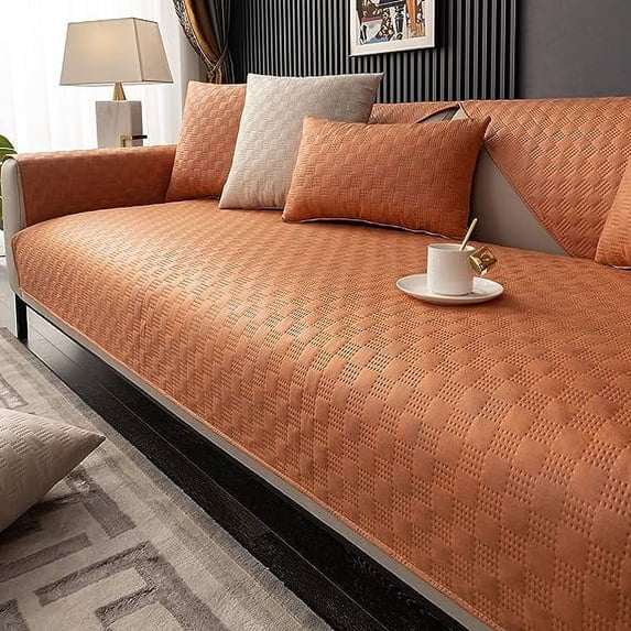Nvzi Luxury Water Resistant Quilted Sofa Cover Faux Suede Plaid Sectional Couch Cover Anti-Slip Sofa Slipcover for Dogs, Children, Pets Furniture Protector (Orange,28"x28")