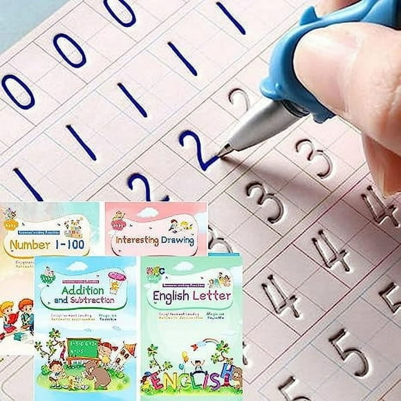 Nvzi Magic Ink Copybooks Reusable Handwriting Workbooks for Grooves Template Design and Handwriting Aid Practice The Print Writing (4 Books with Pens)