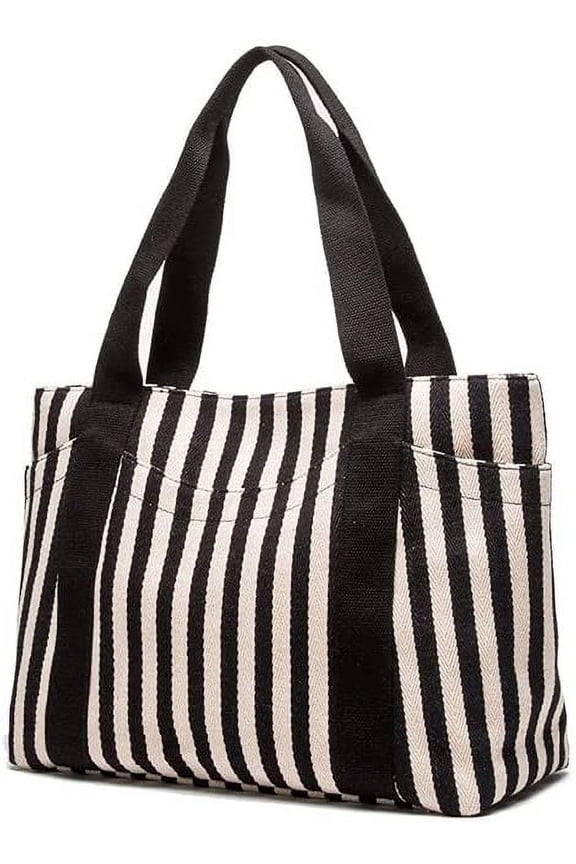 Medium Tote Handbag Black & White Striped Daily Satchel Shoulder Purses with Multi-Pockets Canvas Vaction Work Tote with Zipper Spring Summer Beach Bag Gifts for Womens (M Black+White)
