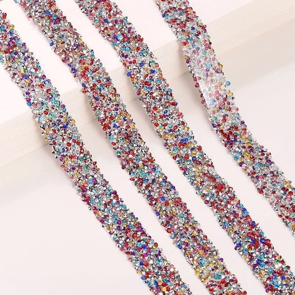 Nvzi Multi-Color Rhinestone Fabric Ribbon -1 Roll, 0.59 * 393.7 Inches With Hot Melt Adhesive Resin Rhinestone Ribbon, Wedding Glitter Ribbon Roll, DIY Fashion Design And Frame Decoration