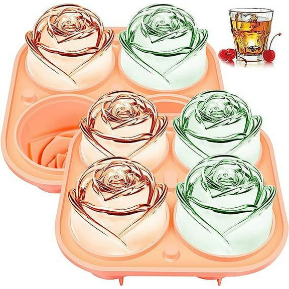 Nvzi Pack 2,3D Rose Ice Molds 2.5 inch, Large Ice Cube Trays, 8 Cavity Flower Shape Ice,Silicone Rubber Fun Big Ice Ball Molds Maker for Juice Whiskey Chilling Cocktails Bourbon Freezer, Pink