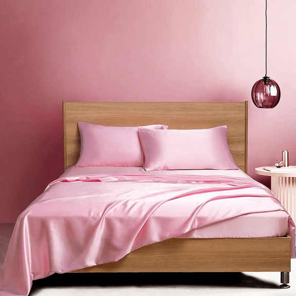 Nvzi Pink Bedding 4-piece Set King Size (78 80+14 inches), silk textured satin smooth hair friendly bed sheet, machine washable, includes 2 pillowcases, 1 bedsheet, and 1 bedsheet