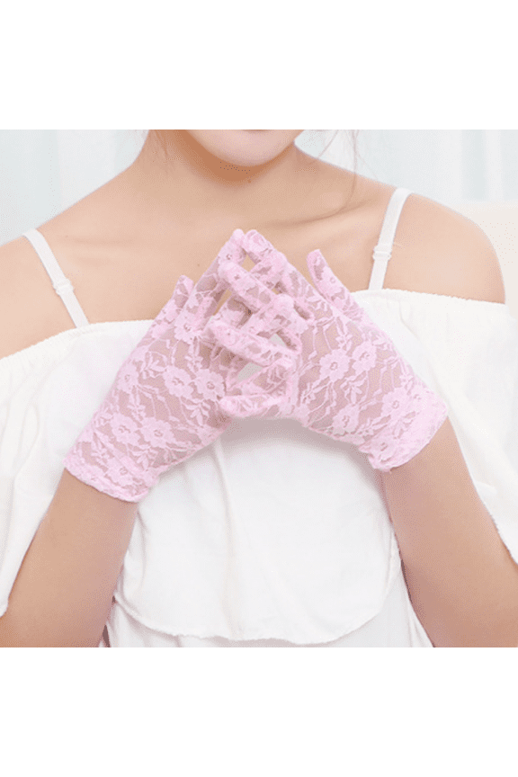 Pink Flower Pattern Lace Short Gloves -2 pairs, 9.84 inch Elegant Tea Party Gloves, Wedding Banquet Party Elastic Etiquette Gloves, Suitable for Dress and Party Skirts