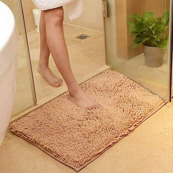 Nvzi Plush Chenille Bath Rugs Extra Soft and Absorbent Microfiber Shag Rug, Non-Slip Runner Carpet for Tub Bathroom Shower Mat Camel 16" X 24"