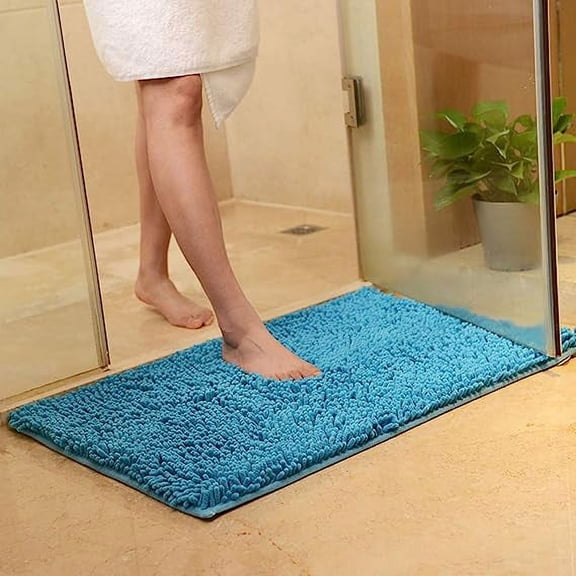 Nvzi Plush Chenille Bath Rugs Extra Soft and Absorbent Microfiber Shag Rug, Non-Slip Runner Carpet for Tub Bathroom Shower Mat Lake Blue 16" X 24"