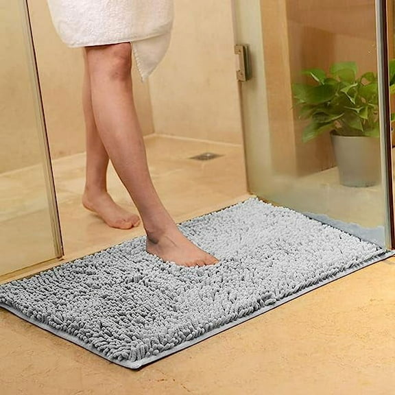 Nvzi Plush Chenille Bath Rugs Extra Soft and Absorbent Microfiber Shag Rug, Non-Slip Runner Carpet for Tub Bathroom Shower Mat Silver Grey 16" X 24"