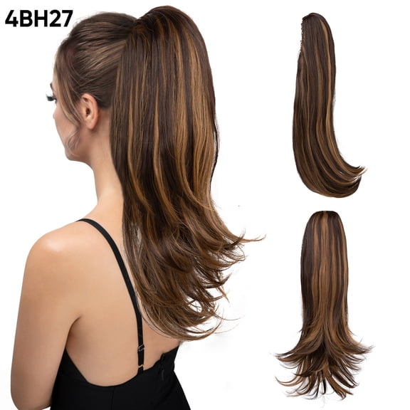 Nvzi Ponytail Wig, 1 Pcs DarkBrown/Caramel Blonde Wig Ponytail, 45.72CM-55.88CM Length Heat-Resistant Synthetic Wig, Natural-Looking Ponytail Wig for Daily & Special Occasions,