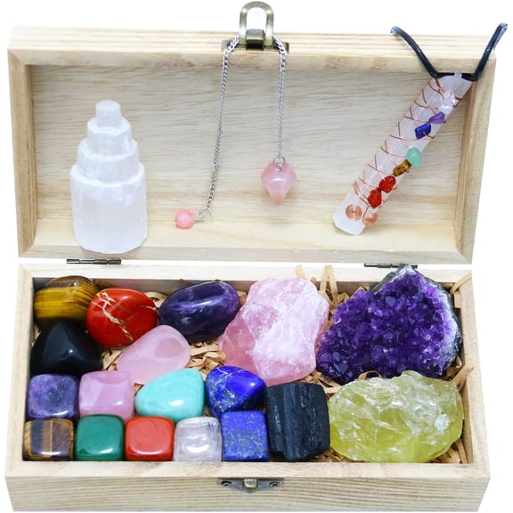 Nvzi Premium Crystals and Healing Stones Set in Wooden Display Box, Gemstones and Crystals Kit, Raw Crystals for Beginners, 7 Chakra Stones