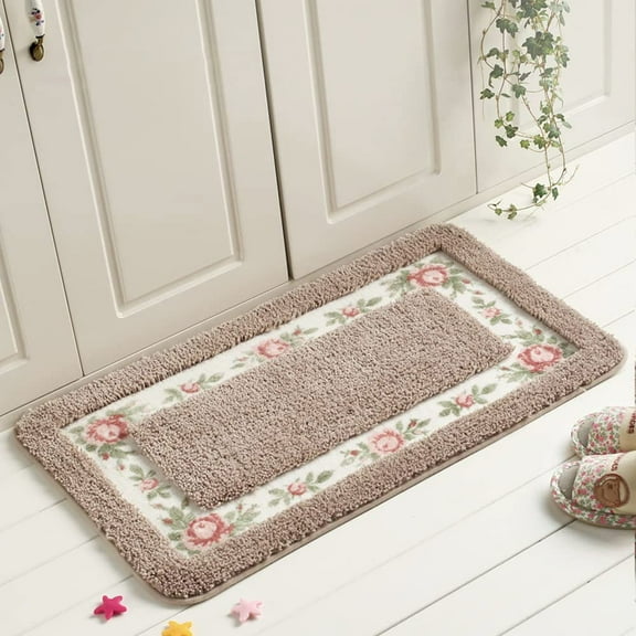 Nvzi Pretty Floral Rural Style Romantic Rose Flower Rug Shaggy Area Rugs Soft Non-Slip Doormat Floor Mat Bath Mat Bathroom Shower Rug Bedroom Living Room Carpet,40 * 60cm (Camel)