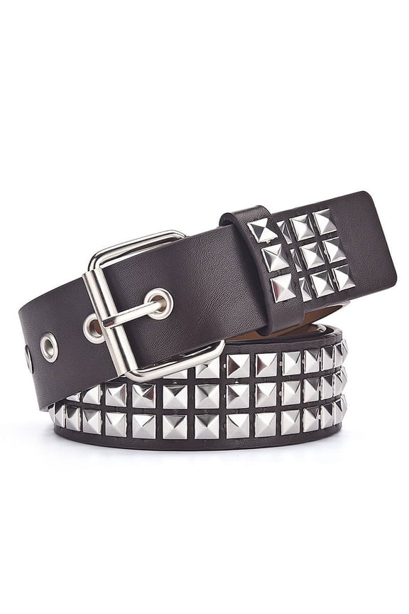 Punk Leather Belt,Women Men Goth Pyramid Studded Square Beads Rivet Jeans Belts (Brown), One Size