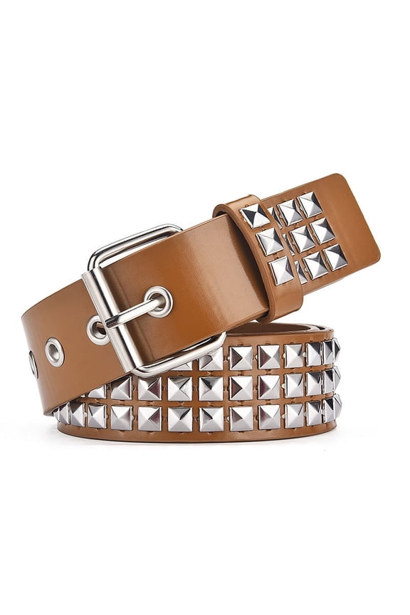 Punk Leather Belt,Women Men Goth Pyramid Studded Square Beads Rivet Jeans Belts (Coffee), One Size