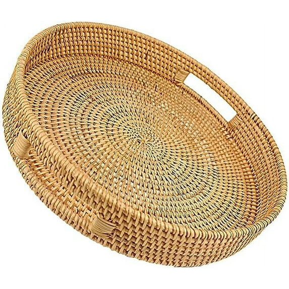 Nvzi Rattan Coffee Table Handmade Round Serving Tray with Handles Woven Ottoman Trays for Coffee Table Living Room, Bed Breakfast, Tea, Fruit Bread Basket Tray, 13.7" x 2.4"