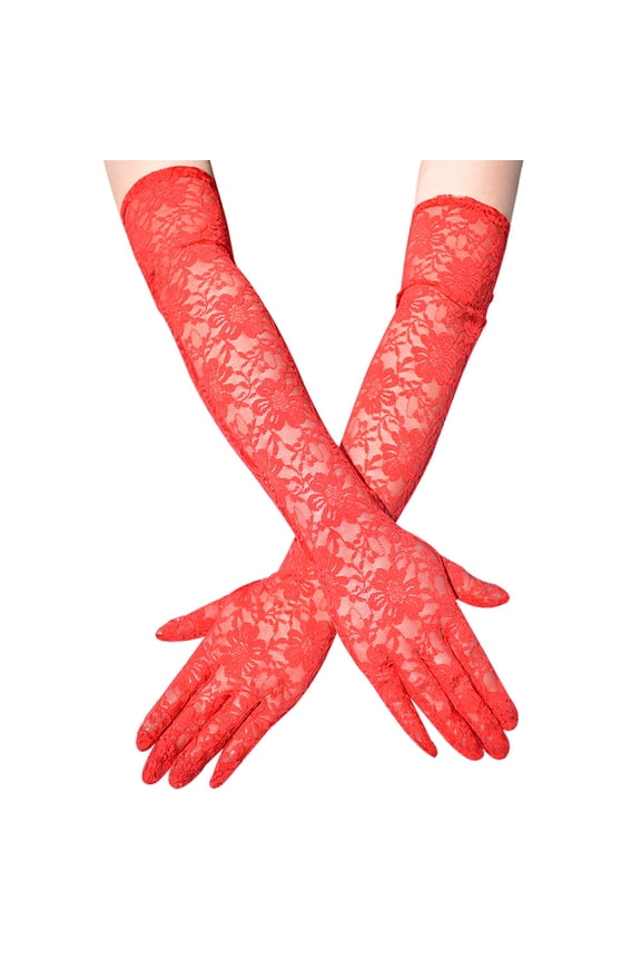 Red Flower Pattern Lace Long Gloves -2 pairs, 19.69 inch Elegant Tea Party Gloves, Wedding Banquet Party Elastic Etiquette Gloves, Suitable for Dress and Party Skirts