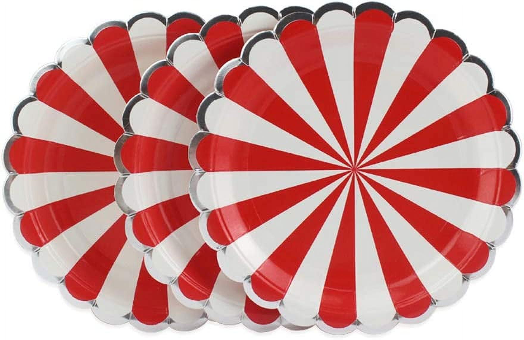 Nvzi Red Striped Round Paper Plates - 7 inch 24 Count Biodegradable Decorative Plates for Birthday Party, Holiday Celebration, Christmas, Graduation, Thanksgiving