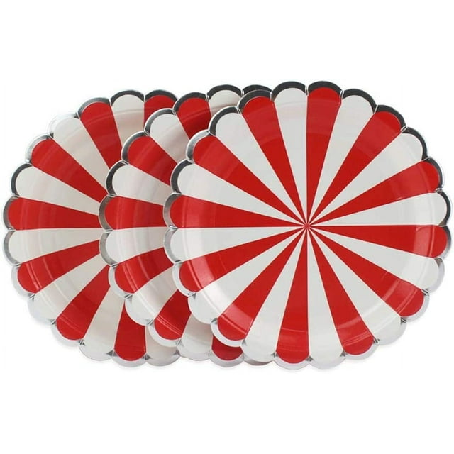 Nvzi Red Striped Round Paper Plates 7 inch 24 Count Biodegradable