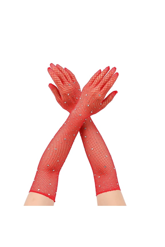 Red rhinestone mesh long gloves -5 pairs, elegant tea party gloves measuring 18 * 3.15 inches, wedding banquet party gloves