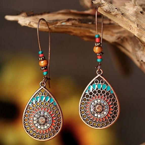 Nvzi Retro New Unique Design Style Dangle Drop Earrings for Women Ethnic Bohemian Vintage Jewelry (Red)