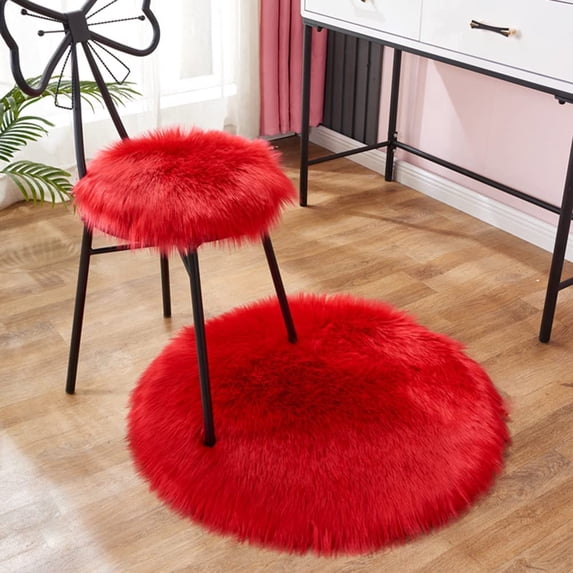 Nvzi Round Faux Fur Sheepskin Area Rug Super Soft Fluffy Chair Cover Seat Cushion Pad Non-Slip Area Rugs for Living Bedroom Floor Sofa (Red,1.5 Feet Diameter)